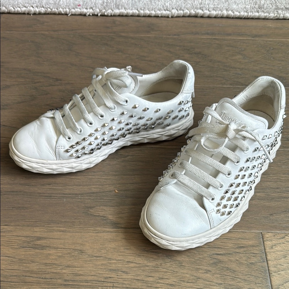 Jimmy Choo White Leather Sneakers diamond stud 5.5 35.5